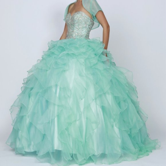 NEW JADE COLOR WEDDING PARTY Strapless Ballgown Illusion Cape Prom Dress JT322 - Picture 2 of 7
